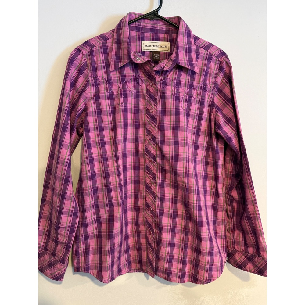 Bit & Bridle Pink Purple Plaid Western Snap Button Shirt Women's S Embroidered